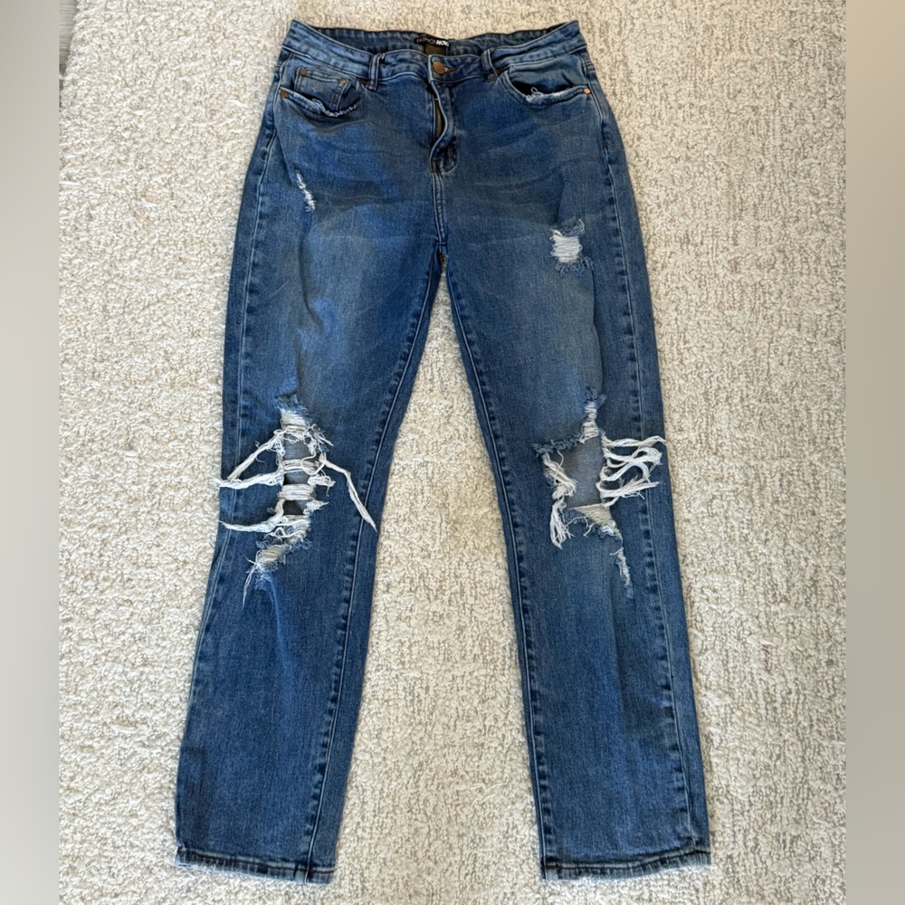 Fashion Nova Blue Distressed Straight Leg Jeans